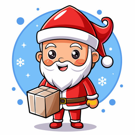 Cute cartoon Santa Claus holding a gift box in his hand with a smiling face.のイラスト素材