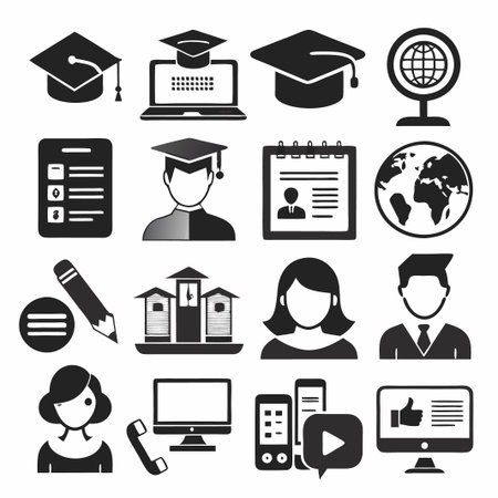Online education glyph solid icons collection. Containing e-learning, school, education, study, diplomaのイラスト素材