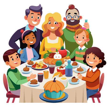 Happy family celebrates a Thanksgiving Day. Isolation during coronavirusのイラスト素材
