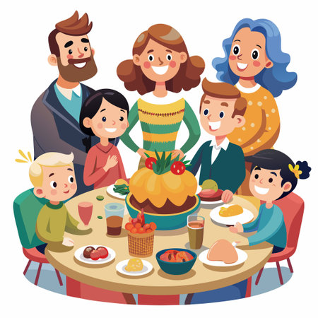 Happy family celebrates a Thanksgiving Day. Isolation during coronavirusのイラスト素材