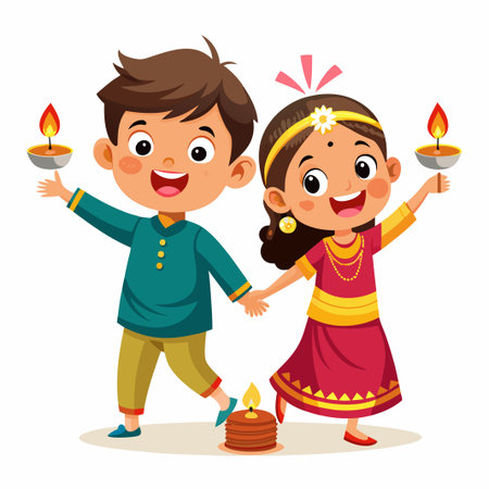 Diwali/Deepavali vector illustration with Cute indian kids enjoying firecrackerのイラスト素材