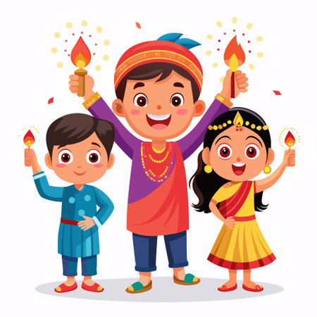 Diwali/Deepavali vector illustration with Cute indian kids enjoying firecrackerのイラスト素材