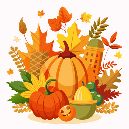 Festive autumn decorative frame with leaves, pumpkins, berries on a white backgroundのイラスト素材