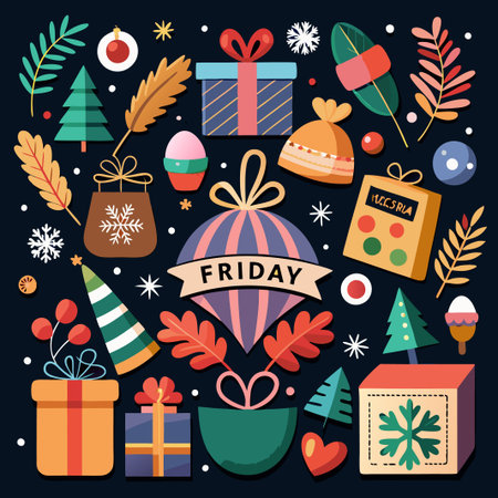 Holiday Black Friday Sale set of themed decorative elements for designのイラスト素材