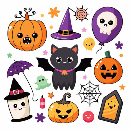 Hallowen Set Stickers Vector Cute Hallowen characters, objects setのイラスト素材