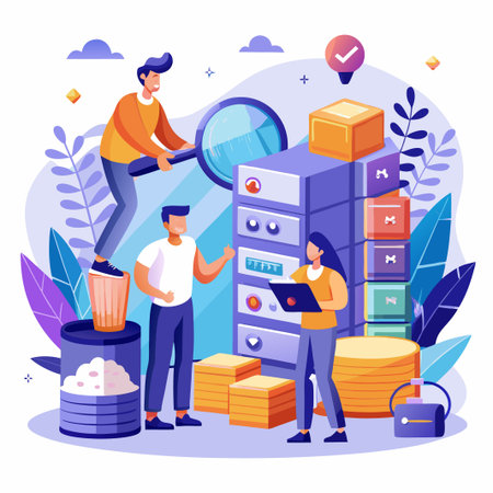 serch for files. File browser, document management app. Searching image and video contentのイラスト素材