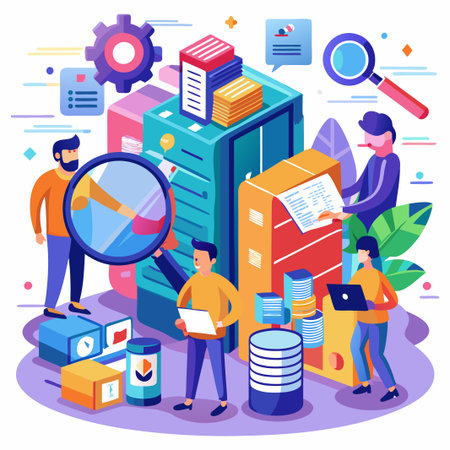 serch for files. File browser, document management app. Searching image and video contentのイラスト素材