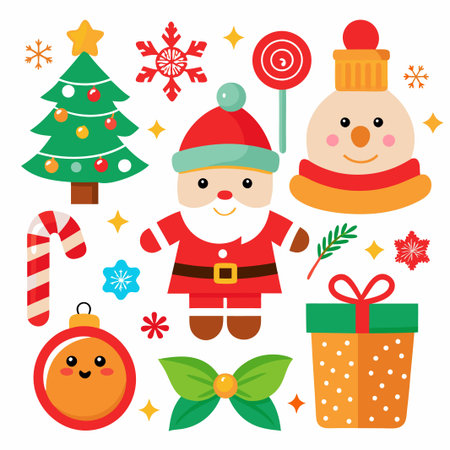 Christmas  cartoon  icons  including Santa, a snowman, a Christmas tree,  a candy cane, a gift,  a lollipop,  and ornaments.のイラスト素材