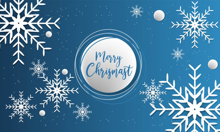 Vector Merry Christmas and Happy New Year greeting card design with white layered paper cut snowflakes on dark blue background. Seasonal holidays paper art banner, posterのイラスト素材
