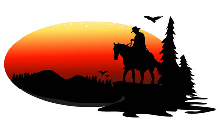 man with horse sunset silhouette on a hill, fir trees, and birds.のイラスト素材