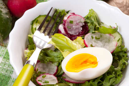 Salad with egg, radish and cucumber in a white bowl.