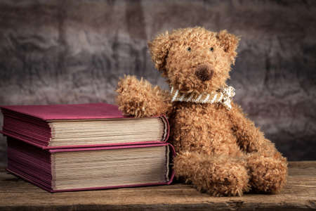 Teddy bear with books on a wooden background.の写真素材