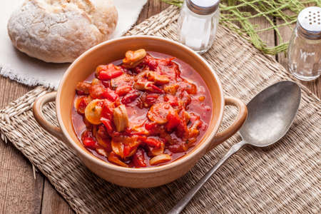 Lecho - tasty Hungarian stew with peppers and sausage.の写真素材