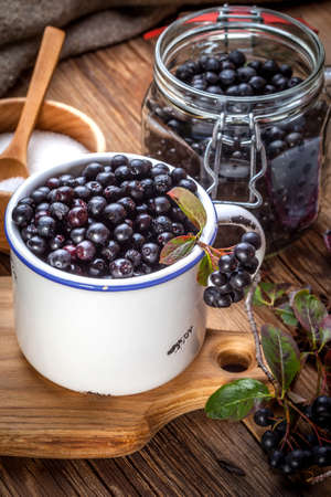 Fruits of black chokeberry prepared for processing. Shallow depth of field.の写真素材