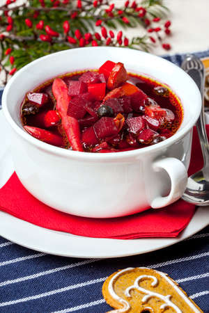 Ukrainian and russian national red borscht with vegetables and spice.