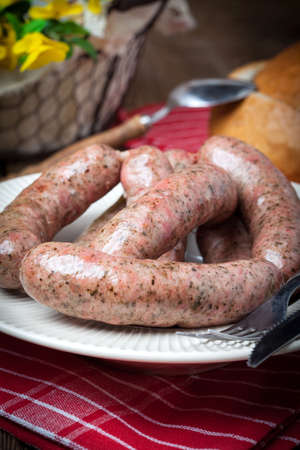 Homemade white sausage out pigs meat. Selective focus.の写真素材