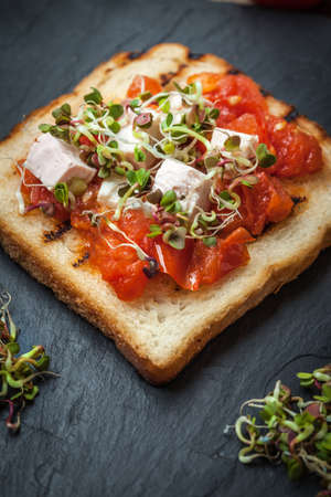 Grilled toasted bread with roasted tomatoes, feta cheese and radish sprouts.の写真素材