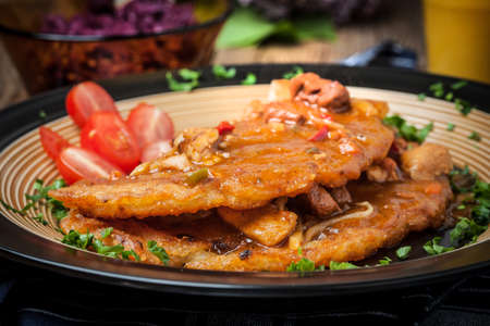 Potato pancakes with meat, vegetable, tomato and parsley. Selective focus.の写真素材