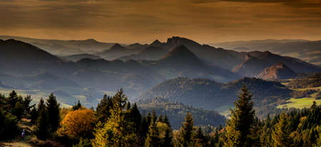 View of the Pieniny Mountains at sunset, Poland.の写真素材