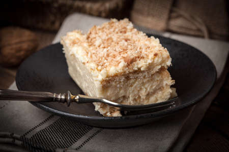 Homemade cake with ground walnut and coconut. Dark Light.の写真素材