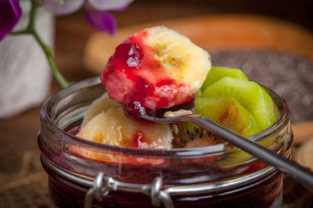 Chia seed pudding with fruit. Selective focus.の写真素材