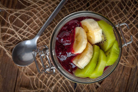 Chia seed pudding with fruit. Top view.の写真素材