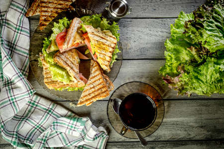 Panini sandwich with ham, tomato and lettuce  on a plate. Top view.の写真素材
