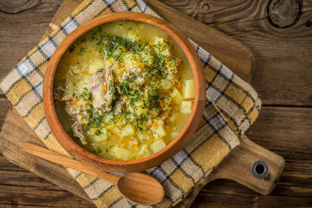 Traditional soup with barley and chicken gizzards.の写真素材