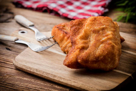 Two fried cod fillet pieces. Small depth of field.
