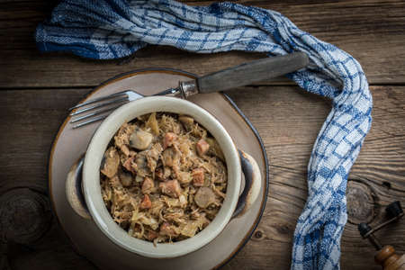 Traditional polish sauerkraut (bigos) with mushrooms and meat. Shallow depth of field.
