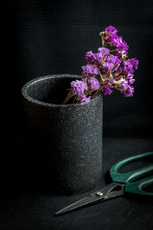 Dry flowers in a vase on a dark background.  Selective focus.の写真素材