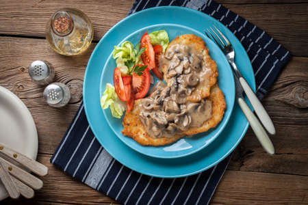 Crispy fried homemade potato pancakes with mushroom sauce. Selective focus.の写真素材