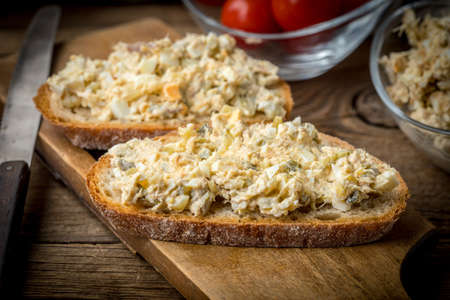 Slice of crusty bread with homemade mackerel fish paste.の写真素材