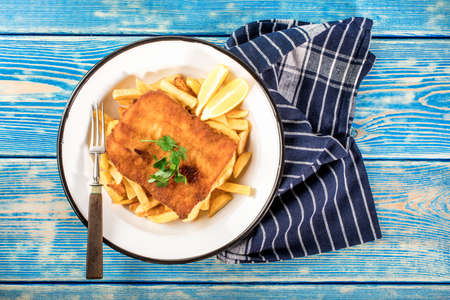A piece of fried cod with fries on a plate. Top view.