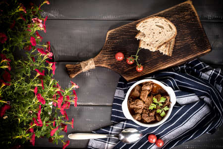 Beef meat stew in ceramic pot. Top view.の写真素材