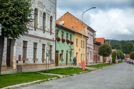 KEZMAROK, SLOVAKIA - SEPTEMBER 20, 2017: Colorful tenements on the streets of a small town in the Spis region.のeditorial素材