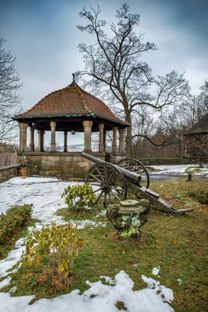 CZOCHA, POLAND, FEBRUARY 22, 2012: Medieval castle built in XII century. Garden arbor.のeditorial素材
