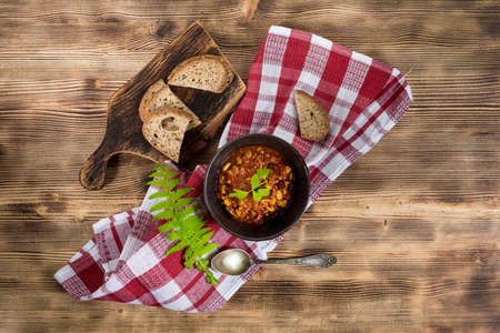 Mexican chili con carne in bowl. Selective focus. Top view.の写真素材