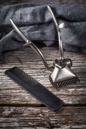 Vintage shaving and hair cutting tools. Selective focus.の写真素材