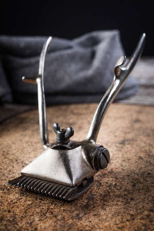 Vintage shaving and hair cutting tools. Selective focus.の写真素材