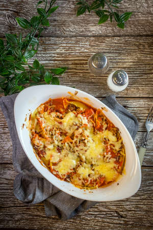Macaroni casserole with ground beef and cheese. Top view.の写真素材