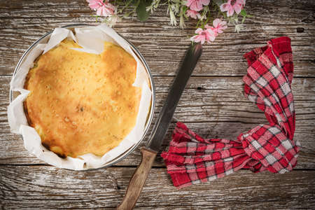 Fresh homemade cheesecake in baking mold. Top view.の写真素材