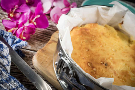 Fresh homemade cheesecake in baking mold.
