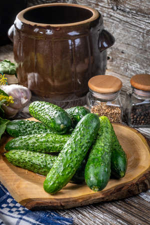 Preparation for pickling cucumbers. Small of depth focus.の写真素材