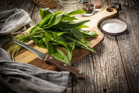 Fresh wild garlic leaves on a wooden countertop.の写真素材