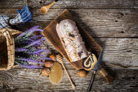 Delicious poppy seed strudel with icing. Top view.