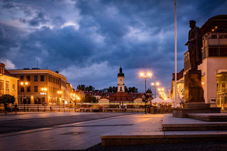 BIALYSTOK, POLAND - JULY 31, 2019: Kosciusko Main Square with Town Hall in Bialystok at night, Poland.のeditorial素材