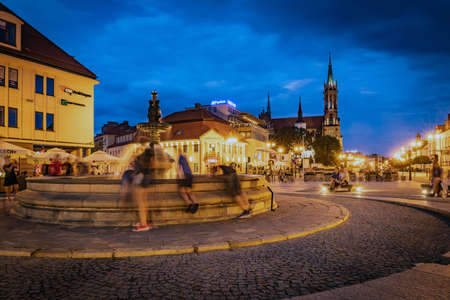 BIALYSTOK, POLAND - JULY 31, 2019: Kosciusko Main Square with Town Hall in Bialystok at night, Poland.のeditorial素材