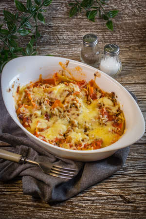 Macaroni casserole with ground beef and cheese.の写真素材