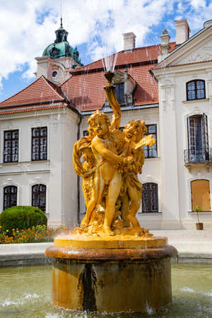 KOZLOWKA, POLAND - AUGUST 26, 2020: Park fountain. Rococo and neoclassical palace complex located in Kozlowka near Lublin, eastern Poland.のeditorial素材